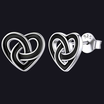 Black Celtic Heart Stud Earrings for Women in Silver
