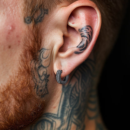 Sterling Silver Diamond Hoop Earrings with Viking Runes for Men