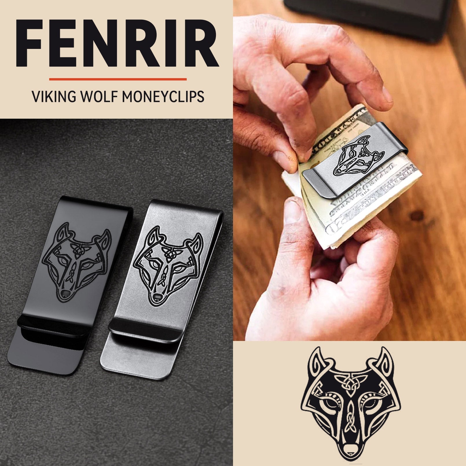 Viking Fenrir Celtic Wolf Money Cash Clip Slim Credit Card Holder