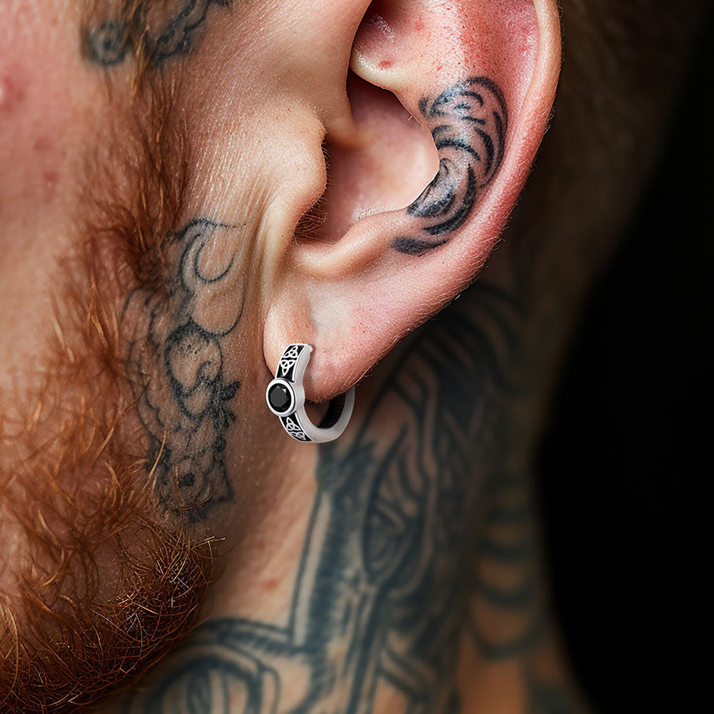 Black Onyx Celtic Knot Huggie Hoop Earrings for Men