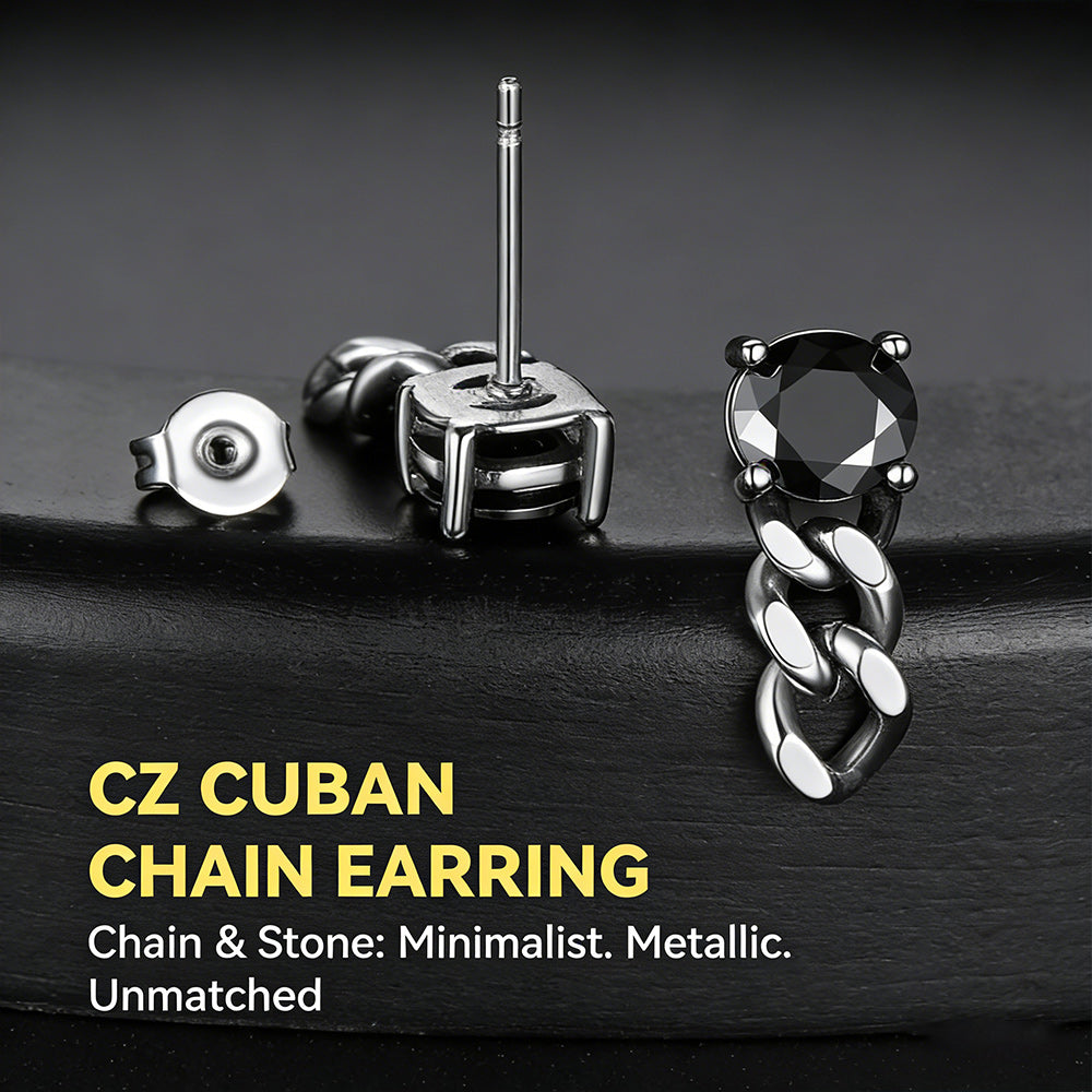 Black Cubic Zirconia Chain Link Dangle Stud Earrings for Men