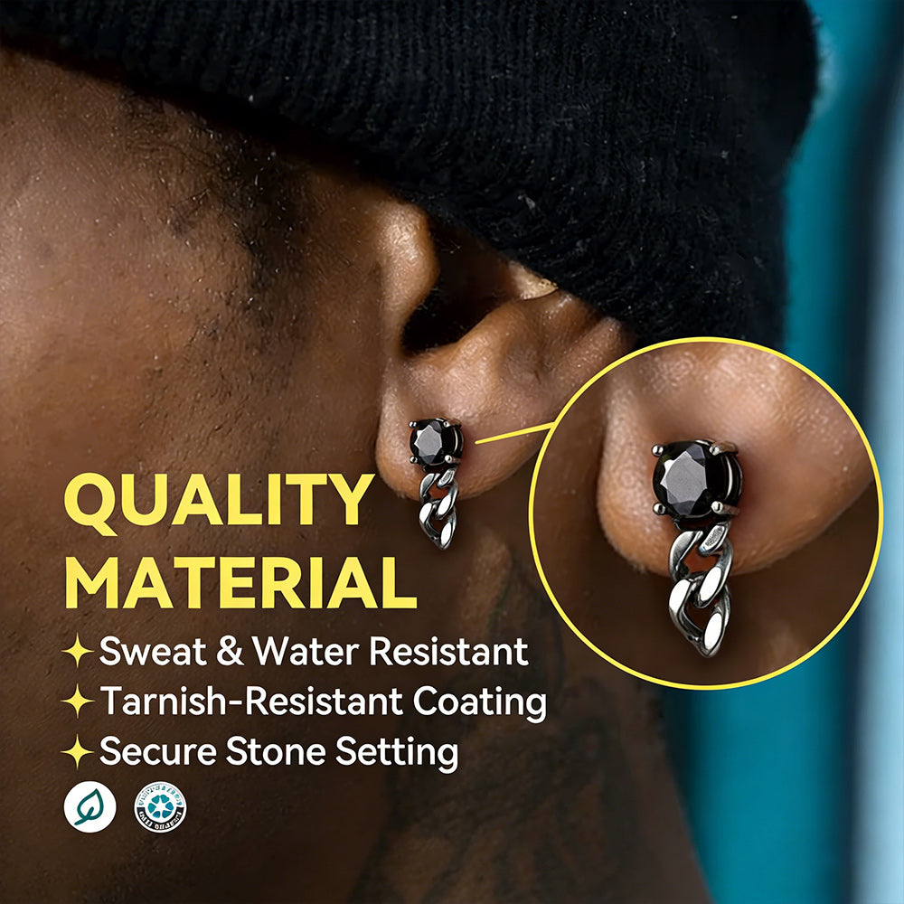 Black Cubic Zirconia Chain Link Dangle Stud Earrings for Men