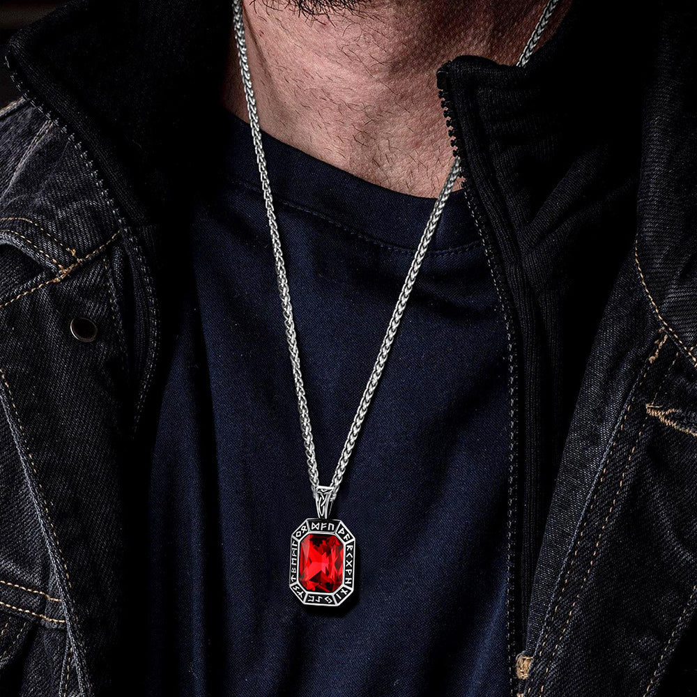 Engraved Crystal Dog Tag Necklace with Viking Runes For Men