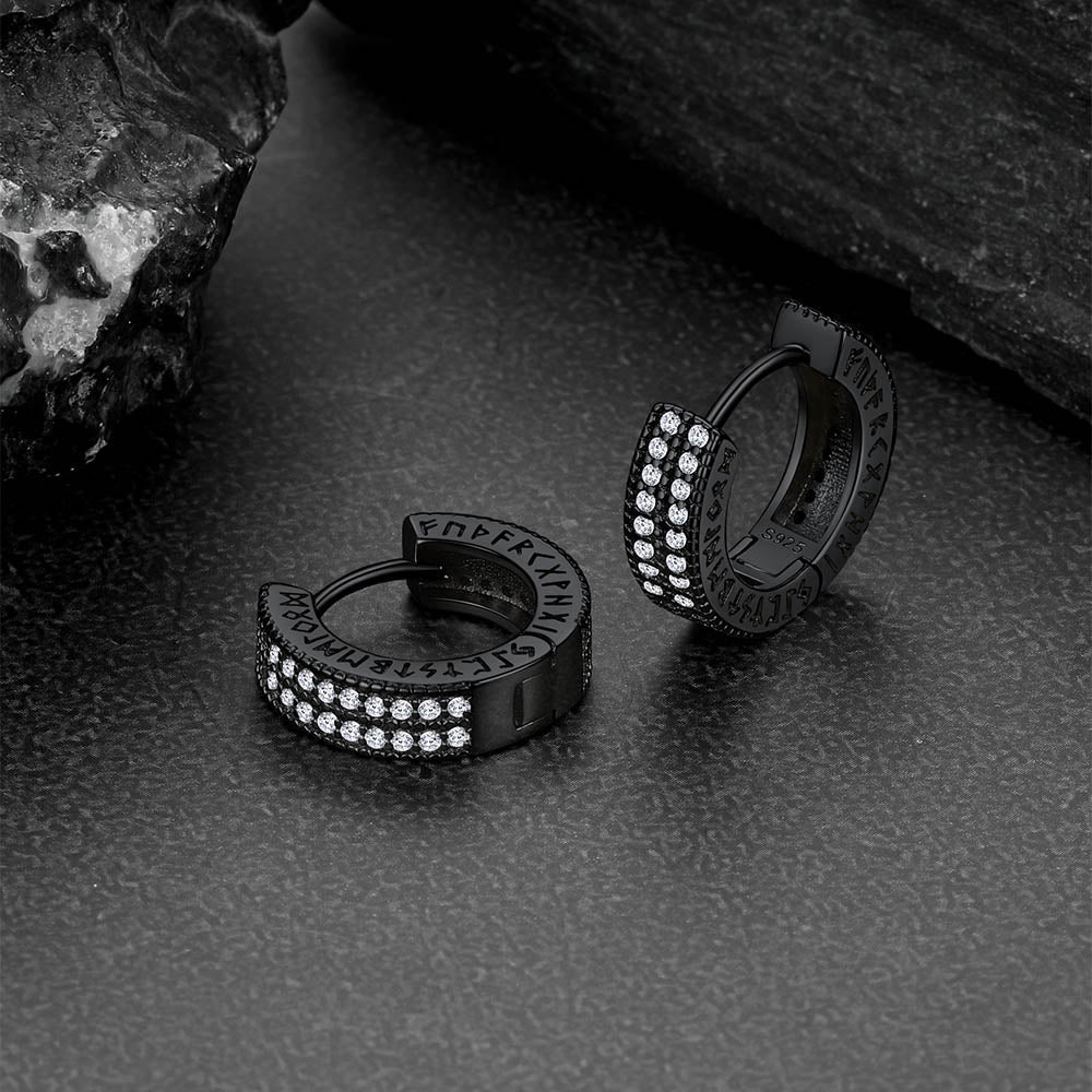 Sterling Silver Diamond Hoop Earrings with Viking Runes for Men