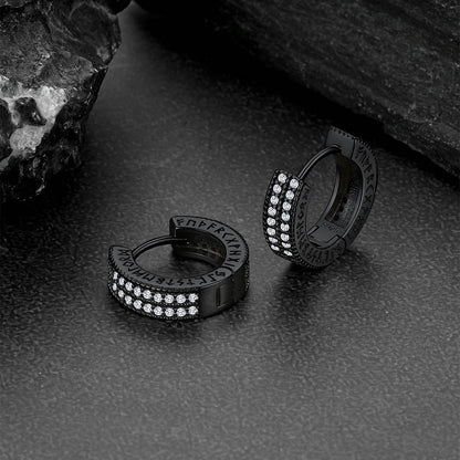 Sterling Silver Diamond Hoop Earrings with Viking Runes for Men