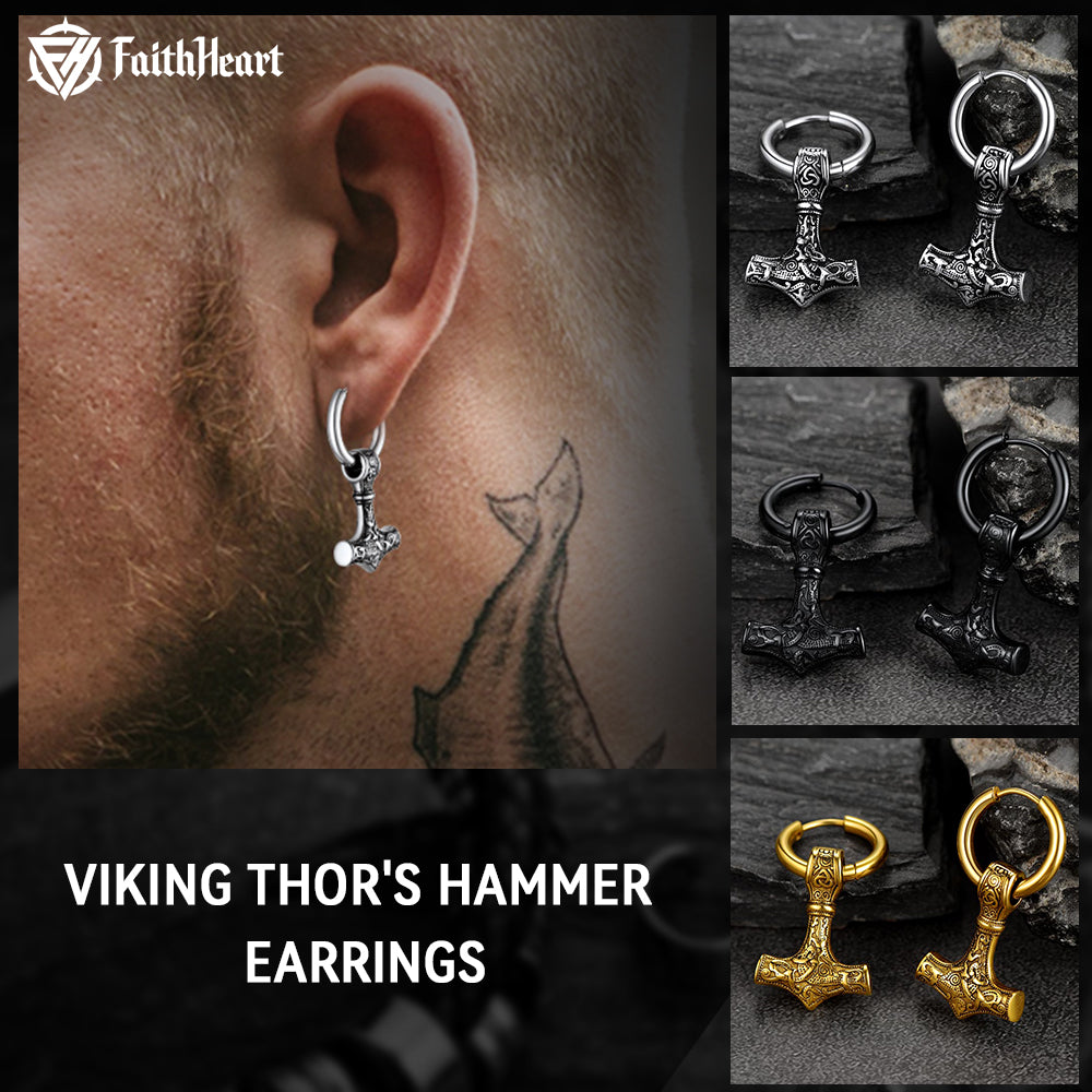 Viking Thor's Hammer Mjolnir Dangle Hoop Earrings Jewelry For Men