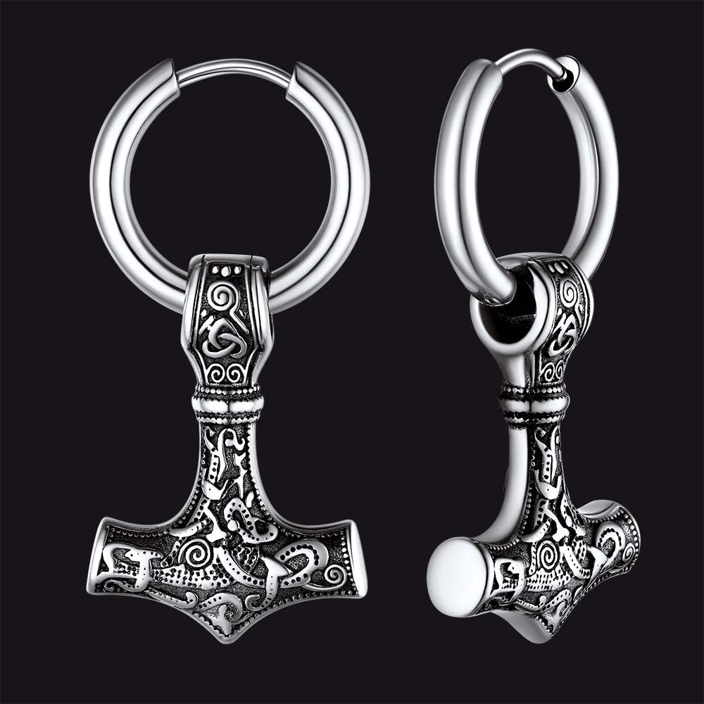 Viking Thor's Hammer Mjolnir Dangle Hoop Earrings Jewelry For Men