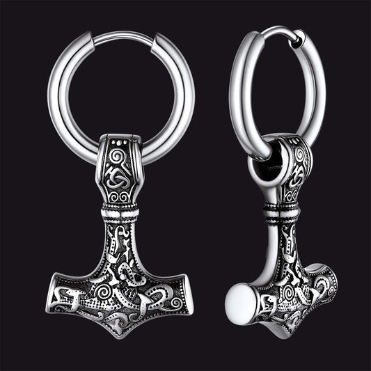 Viking Thor's Hammer Mjolnir Dangle Hoop Earrings Jewelry For Men