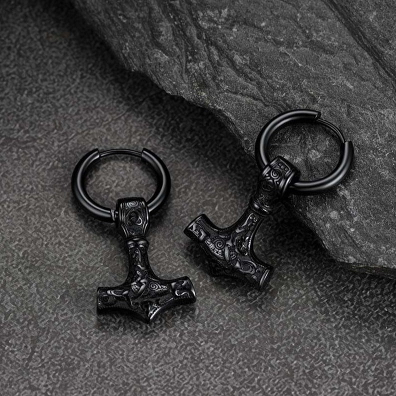 Viking Thor's Hammer Mjolnir Dangle Hoop Earrings Jewelry For Men