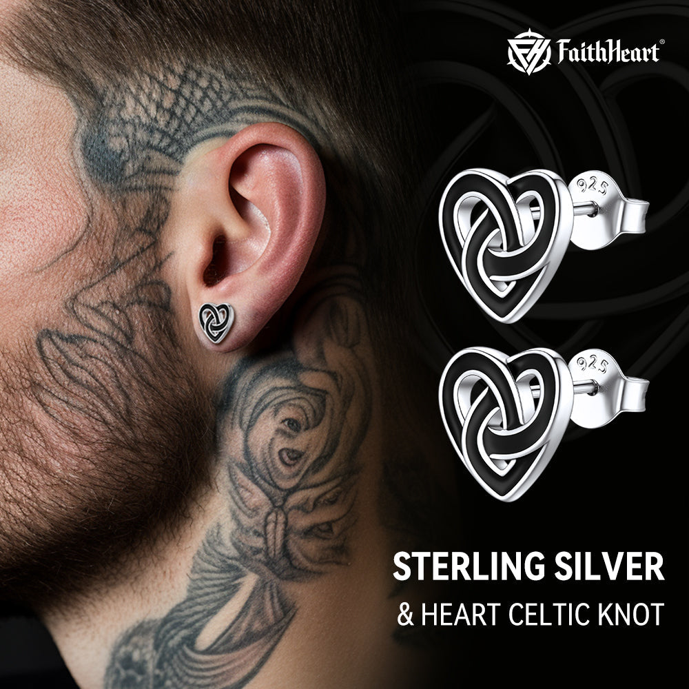 Black Celtic Heart Stud Earrings for Women in Silver