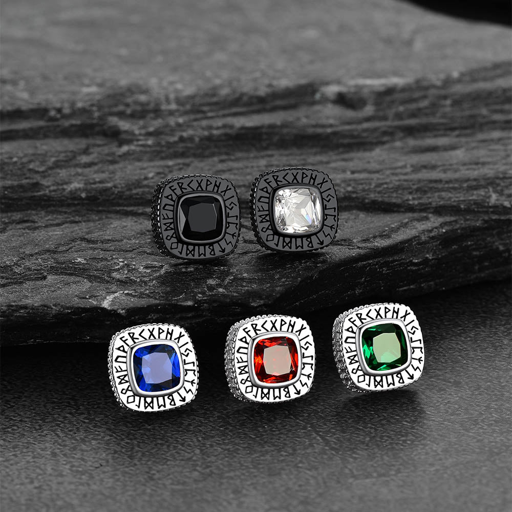 Cushion Cut Diamond Stud Earrings with Viking Runes in Sterling Silver