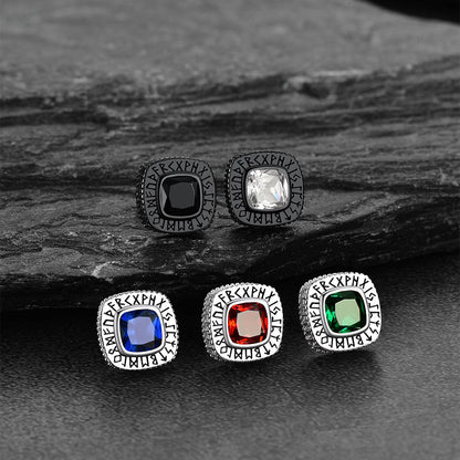 Cushion Cut Diamond Stud Earrings with Viking Runes in Sterling Silver