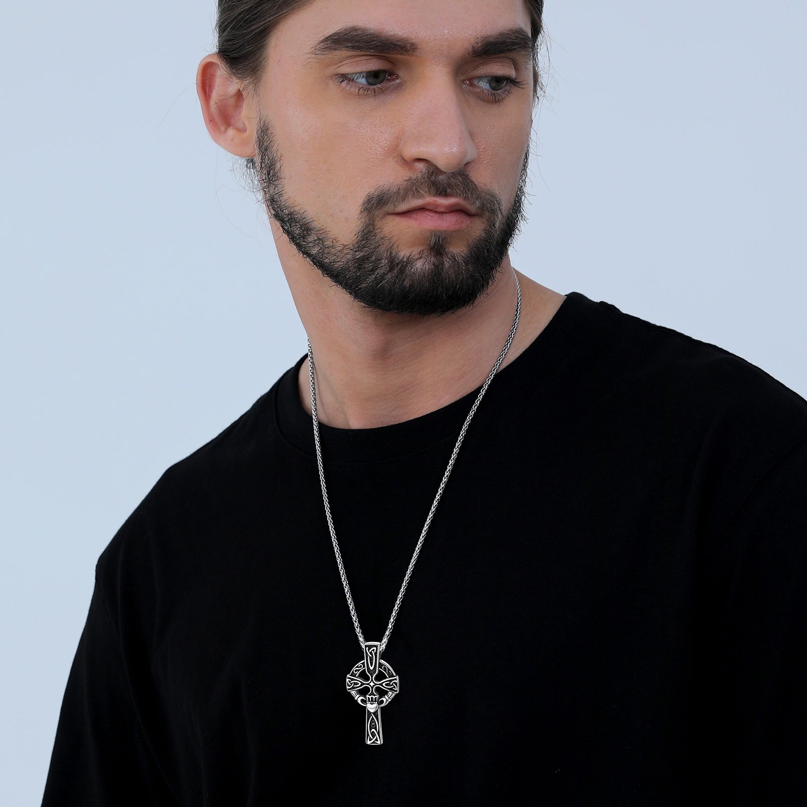 Irish Celtic Cross Necklace with Claddage For Men
