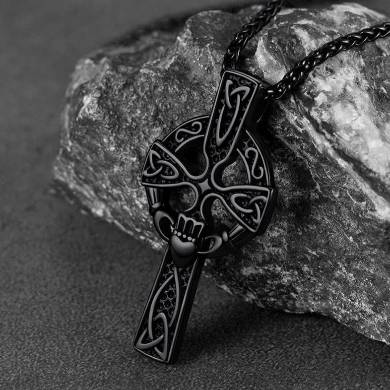 Irish Celtic Cross Necklace with Claddage For Men