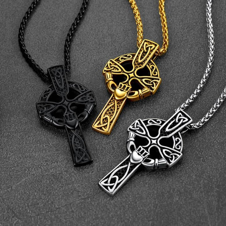Irish Celtic Cross Necklace with Claddage For Men