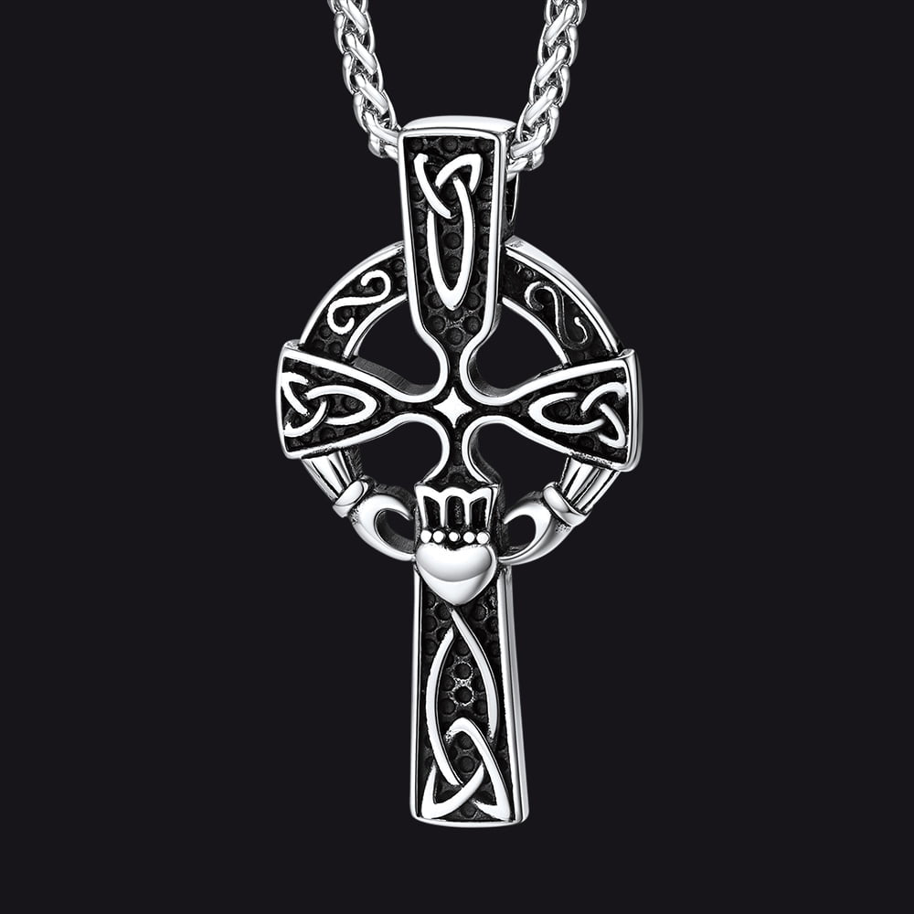 Irish Celtic Cross Necklace with Claddage For Men