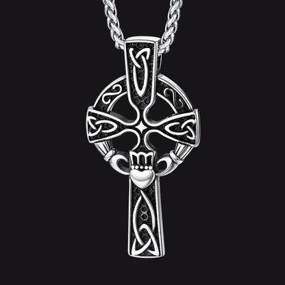 Irish Celtic Cross Necklace with Claddage For Men