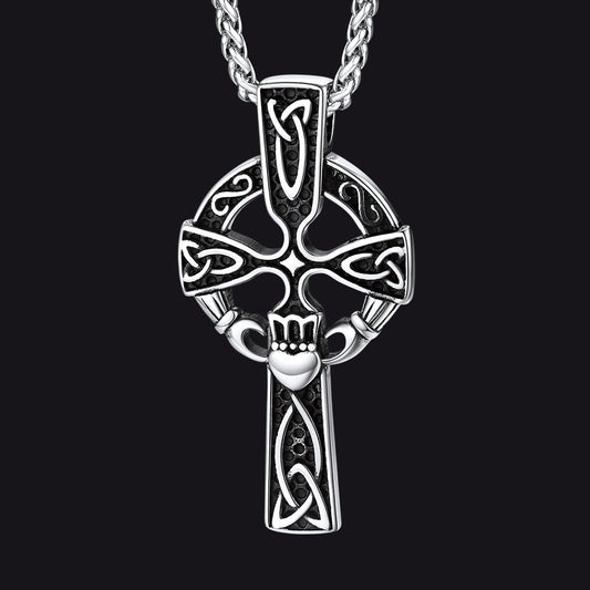 Irish Celtic Cross Necklace with Claddage For Men