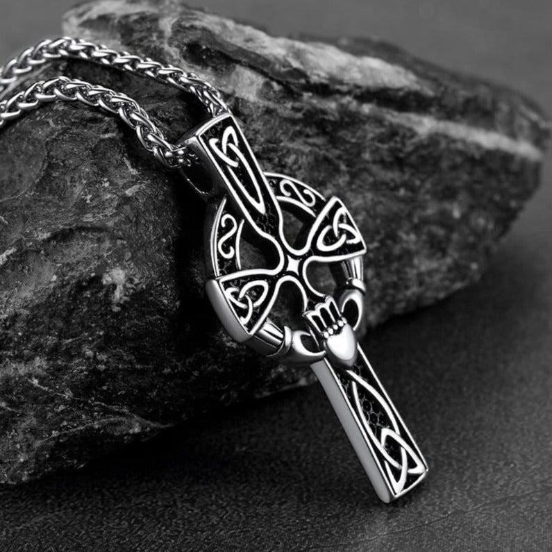 Irish Celtic Cross Necklace with Claddage For Men