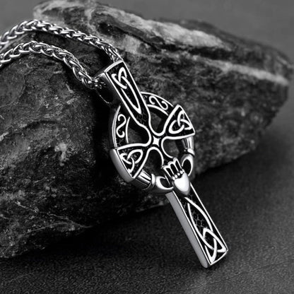 Irish Celtic Cross Necklace with Claddage For Men