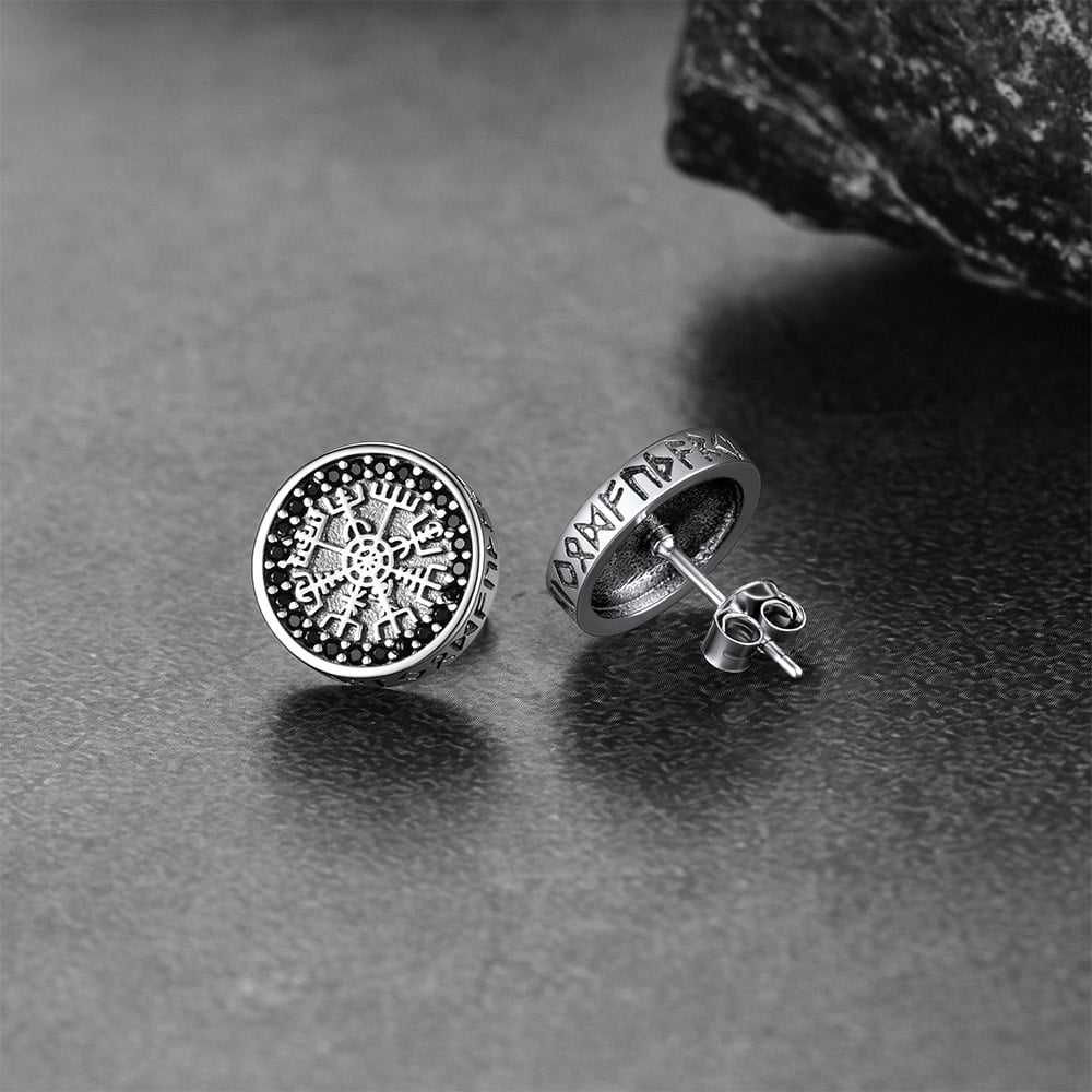 Sterling Silver Viking Compass Stud Earrings With Runes