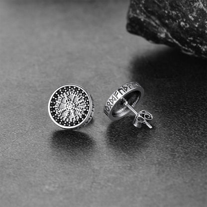 Sterling Silver Viking Compass Stud Earrings With Runes