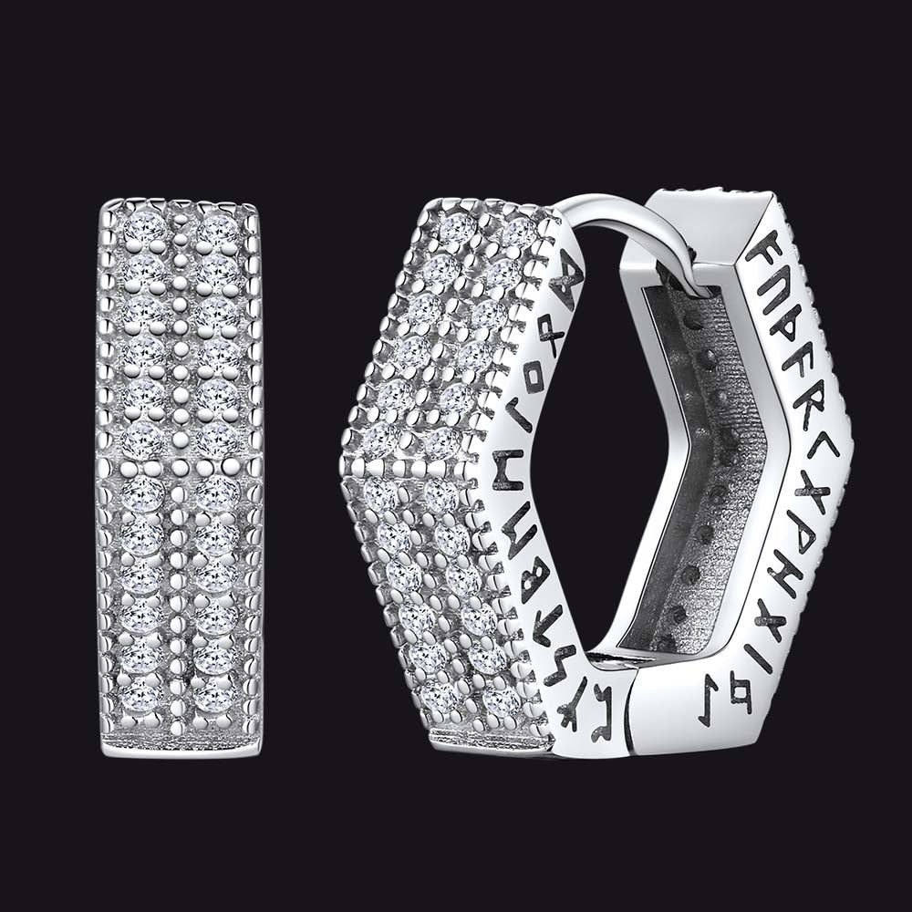Hexagon Viking Diamond Hoop Earrings With Runes for Men