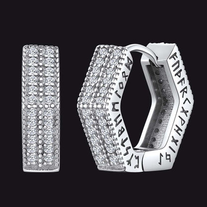 Hexagon Viking Diamond Hoop Earrings With Runes for Men