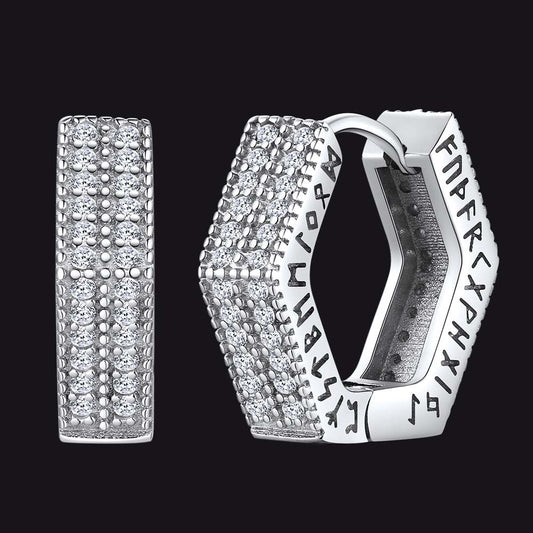 Hexagon Viking Diamond Hoop Earrings With Runes for Men