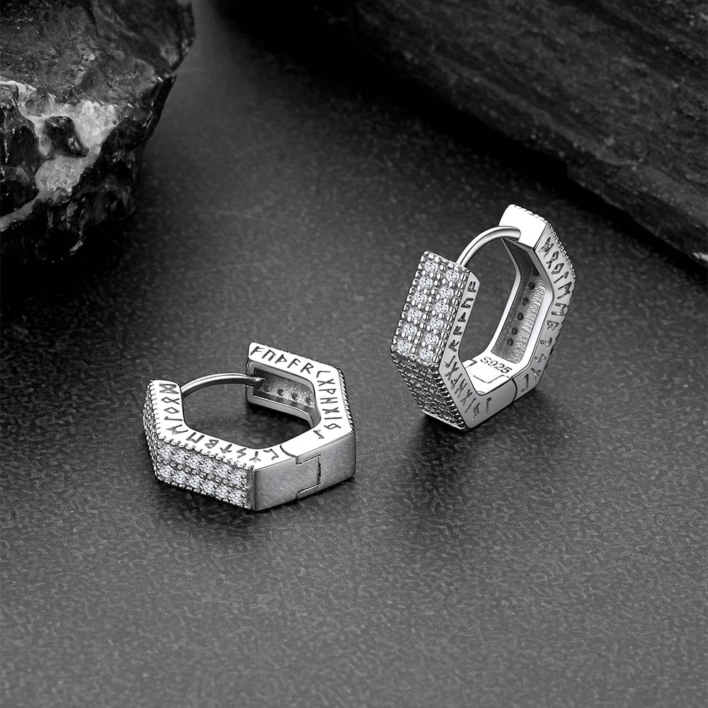 Hexagon Viking Diamond Hoop Earrings With Runes for Men