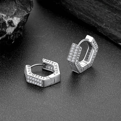 Hexagon Viking Diamond Hoop Earrings With Runes for Men