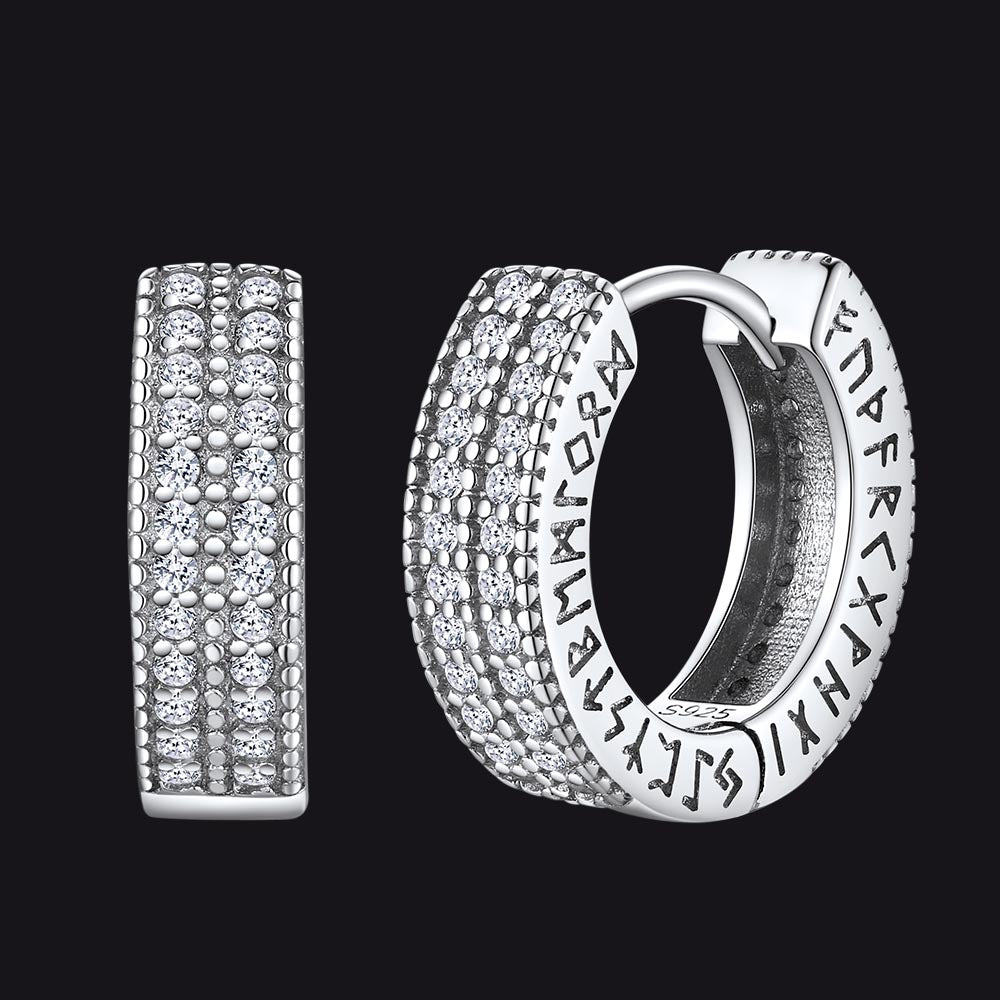 Sterling Silver Diamond Hoop Earrings with Viking Runes for Men