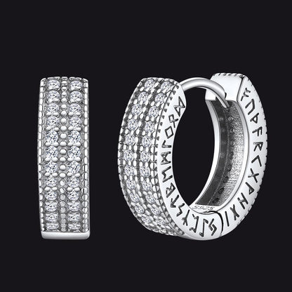 Sterling Silver Diamond Hoop Earrings with Viking Runes for Men