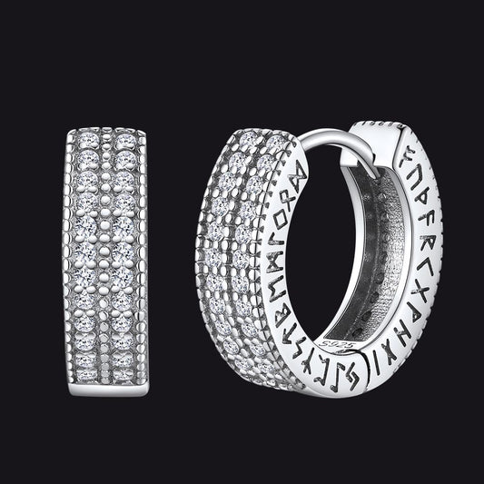 Sterling Silver Diamond Hoop Earrings with Viking Runes for Men