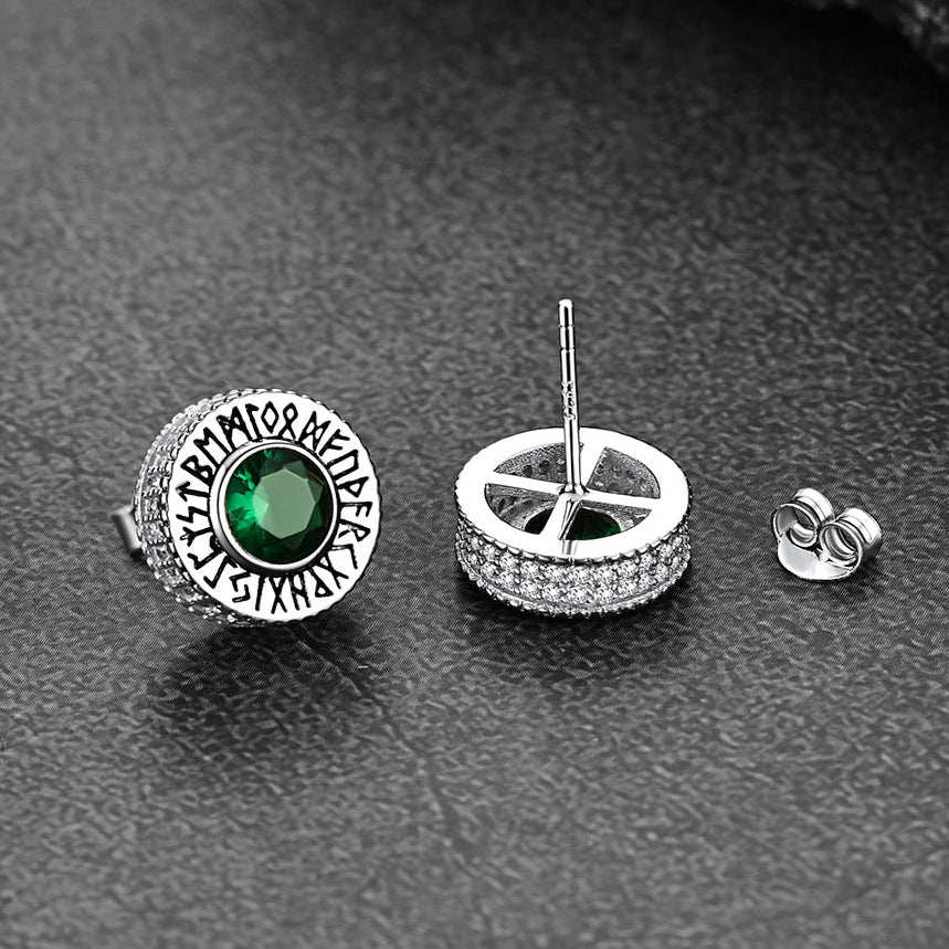 Sterling Silver Viking Runes Gemstone Stud Earrings for Men