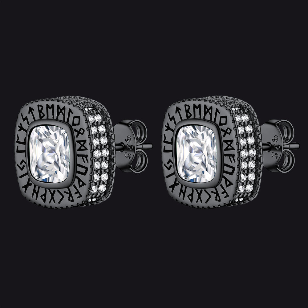 Cushion Cut Diamond Stud Earrings with Viking Runes in Sterling Silver