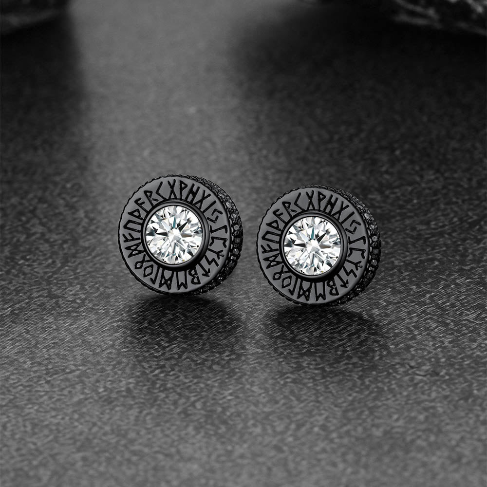 Sterling Silver Viking Runes Gemstone Stud Earrings for Men