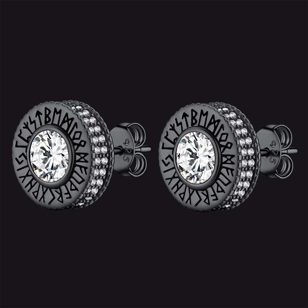 Sterling Silver Viking Runes Gemstone Stud Earrings for Men