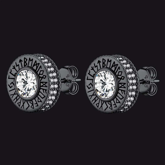 Sterling Silver Viking Runes Gemstone Stud Earrings for Men