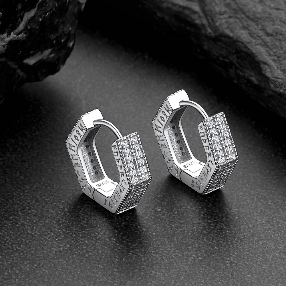 Hexagon Viking Diamond Hoop Earrings With Runes for Men