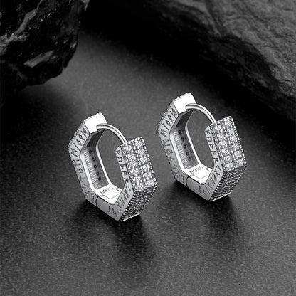 Hexagon Viking Diamond Hoop Earrings With Runes for Men