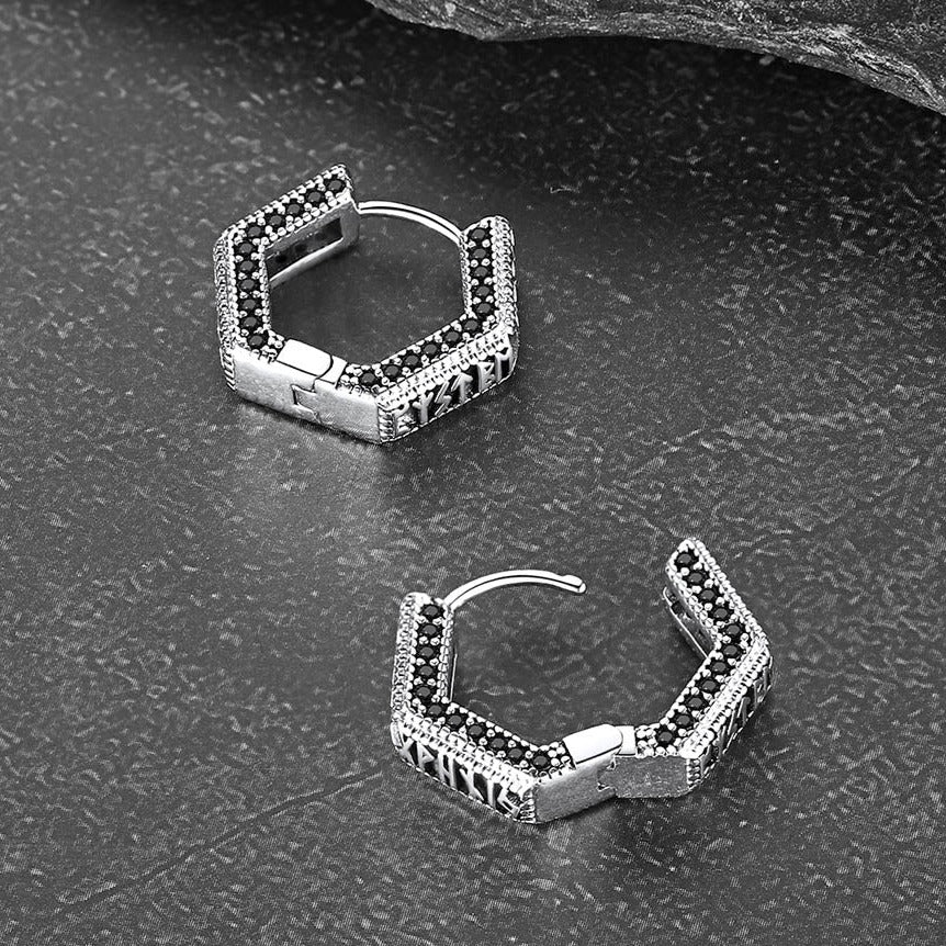 Viking Runes Hexagon Huggie Hoop Earrings for Men