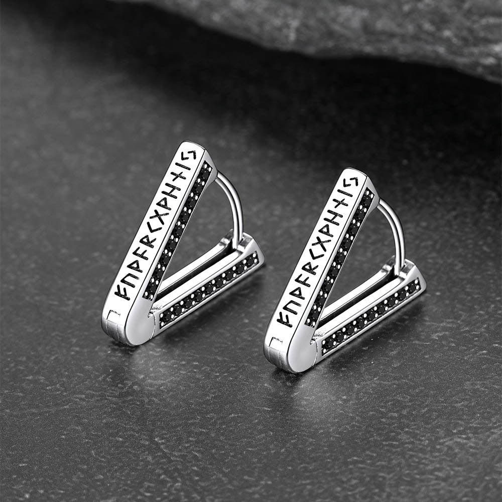 Sterling Silver Viking Triangle Huggie Hoop Earrings with Black Zirconia for Men