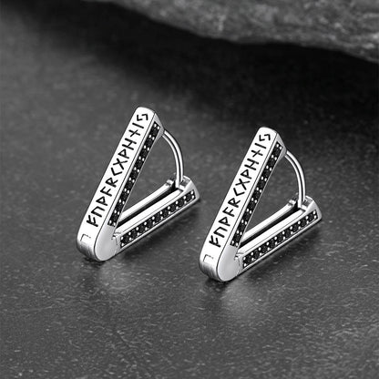 Sterling Silver Viking Triangle Huggie Hoop Earrings with Black Zirconia for Men