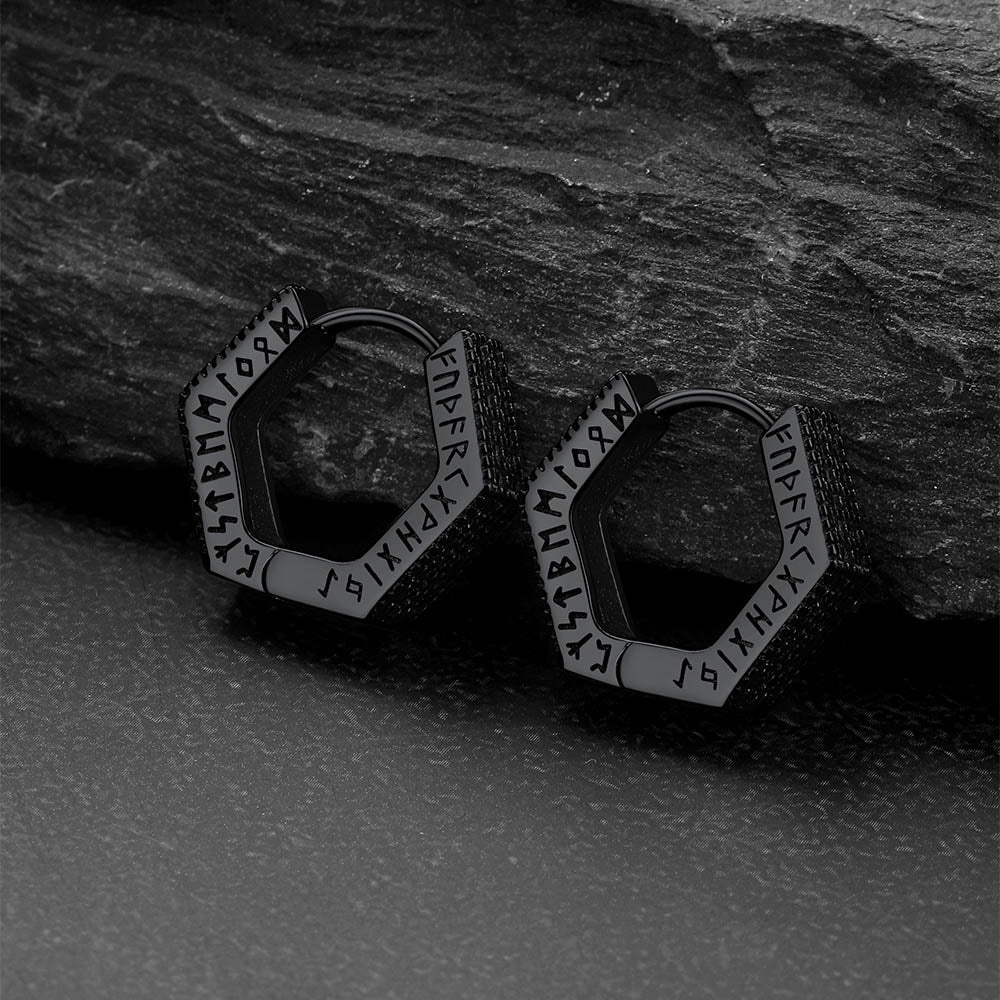 Hexagon Viking Diamond Hoop Earrings With Runes for Men