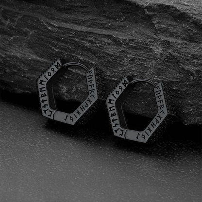 Hexagon Viking Diamond Hoop Earrings With Runes for Men