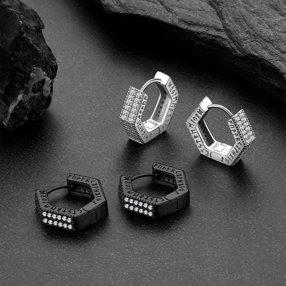 Hexagon Viking Diamond Hoop Earrings With Runes for Men