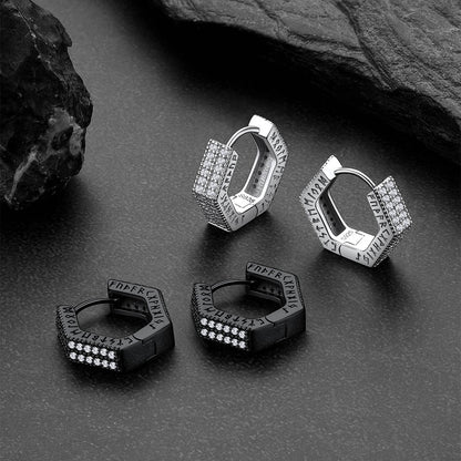 Hexagon Viking Diamond Hoop Earrings With Runes for Men