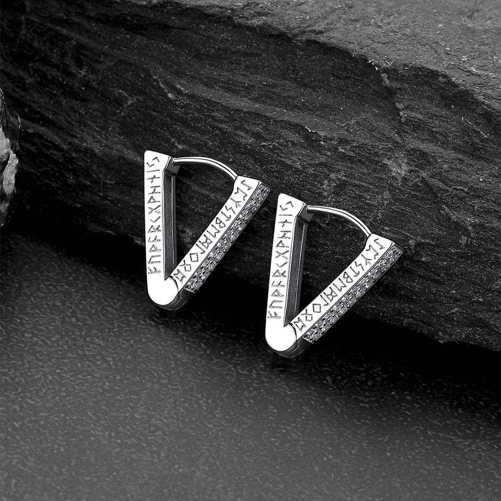 Cubic Zirconia Triangle Huggie Hoop Earrings With Viking Runes for Men