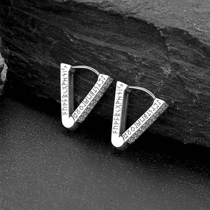 Cubic Zirconia Triangle Huggie Hoop Earrings With Viking Runes for Men